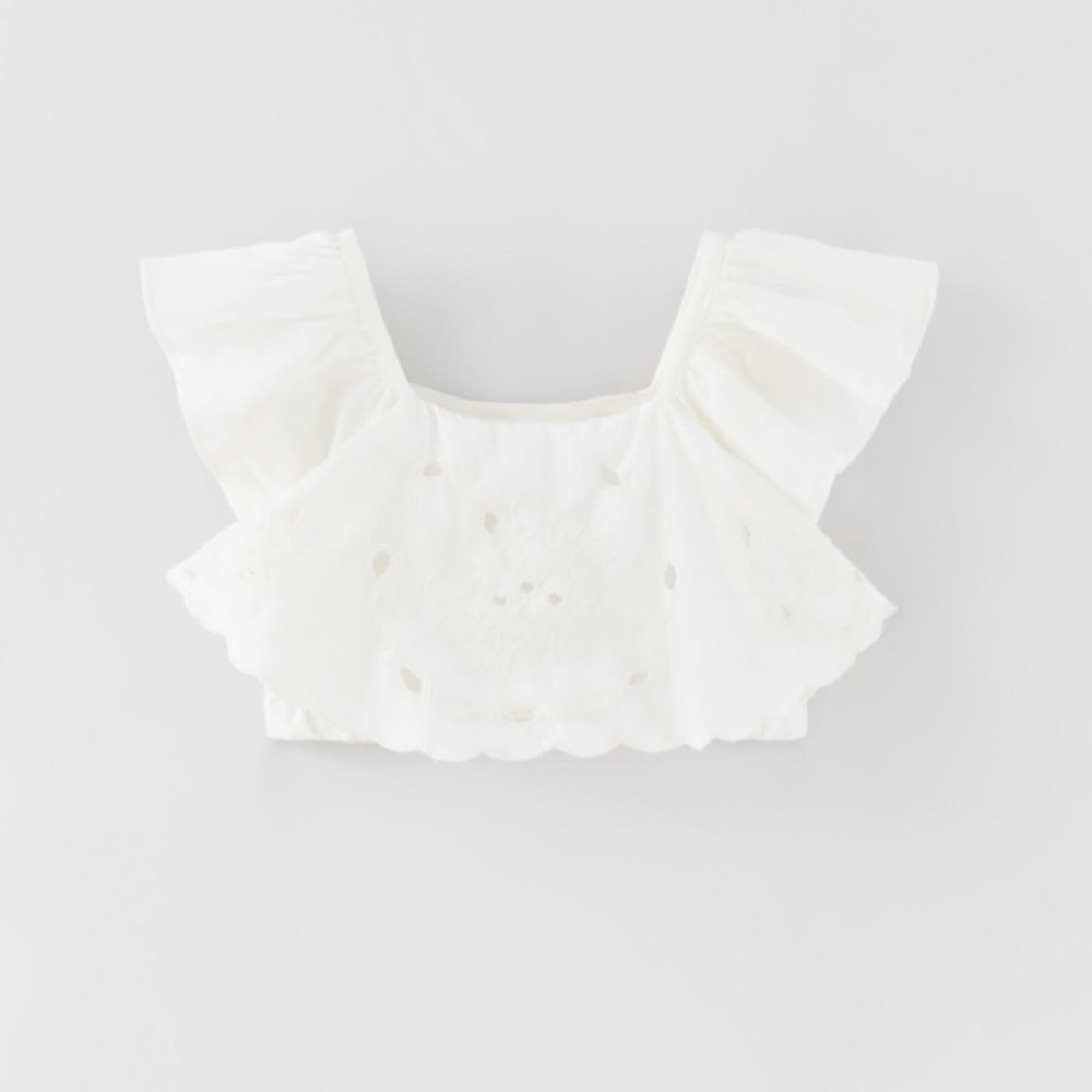 ZARA GIRL WHITE EMBROIDERED COTTON AND LINEN BLEND TOP, Size 11/12
